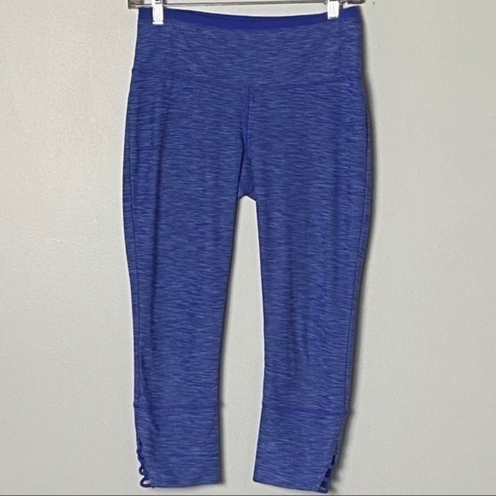 PRANA indigo/royal blue “Tori” yoga capris with cut-out hems in size Small. EUC